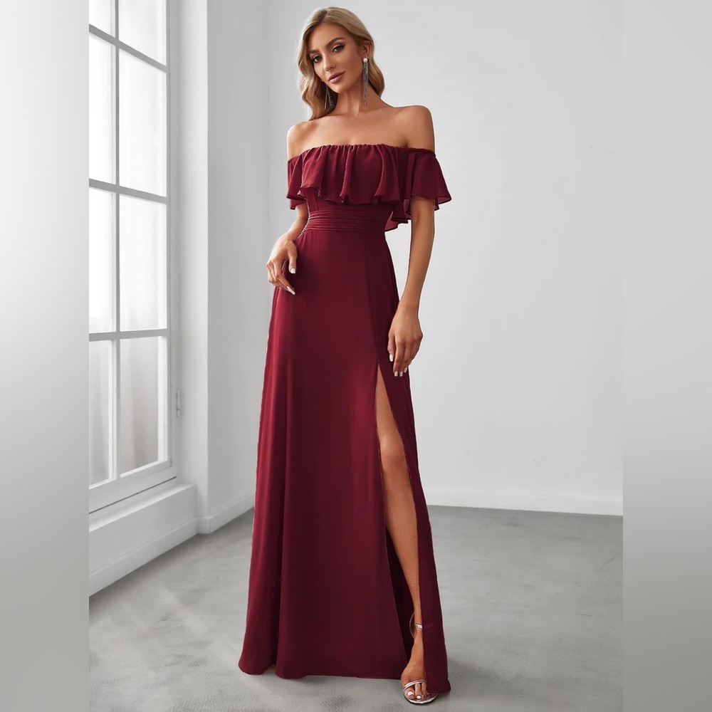 Chic Off-Shoulder Ruffle Thigh Slit Maxi Burgundy Maroon Long Dress NEW